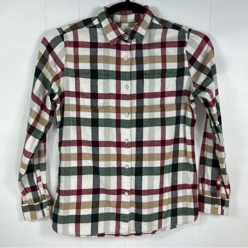 Woolrich White Plaid Button-Up Shirt with Burgundy, Green & Tan